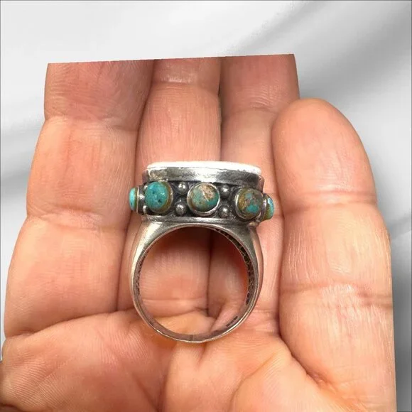 Antique Bavaria Franklin Rose China & Upcycled Turquoise Vintage 925 Silver Ring - Picture 6 of 11